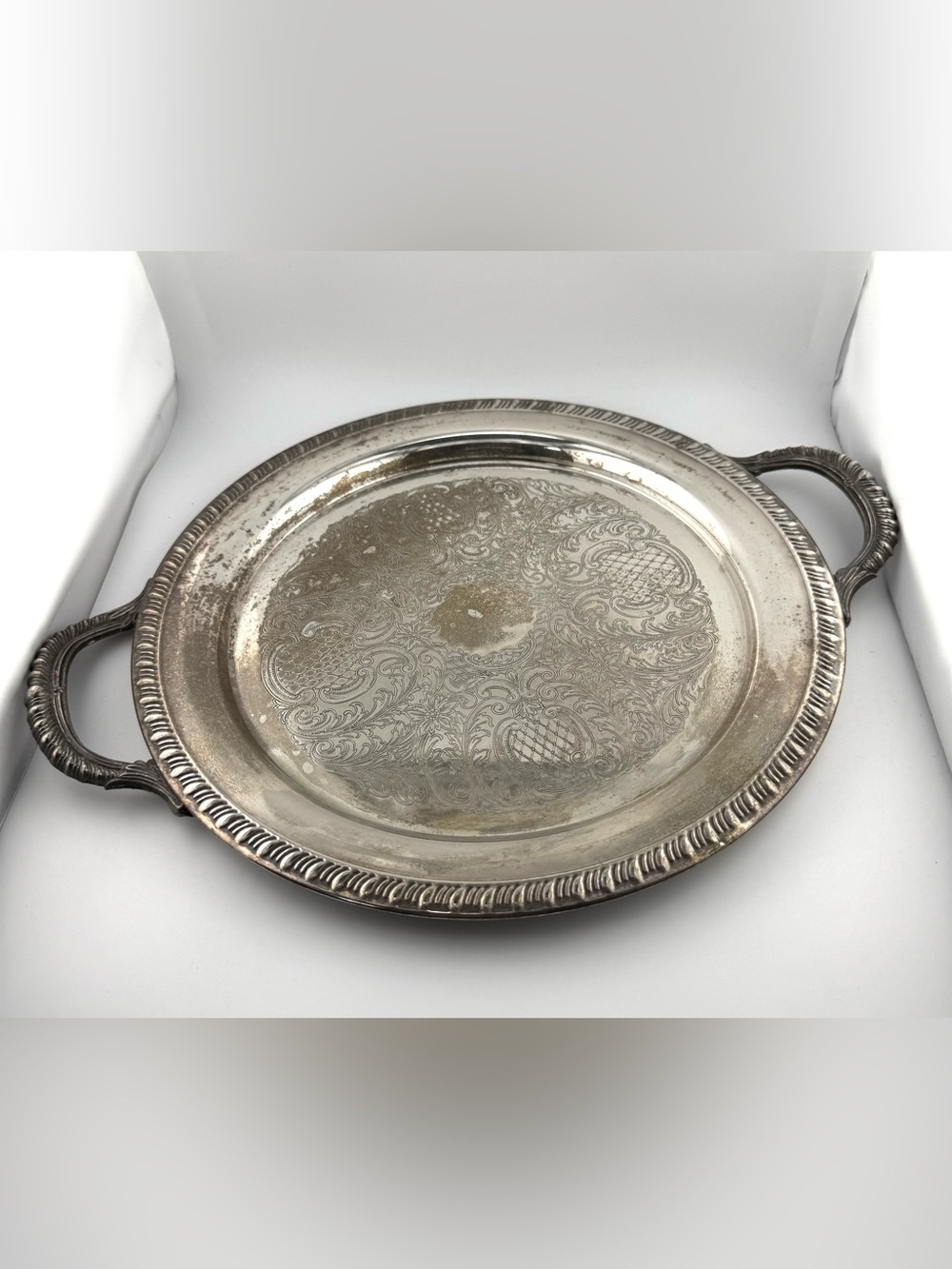 Vintage F.B. Rogers 12" Round Silverplated Serving Tray with Handles